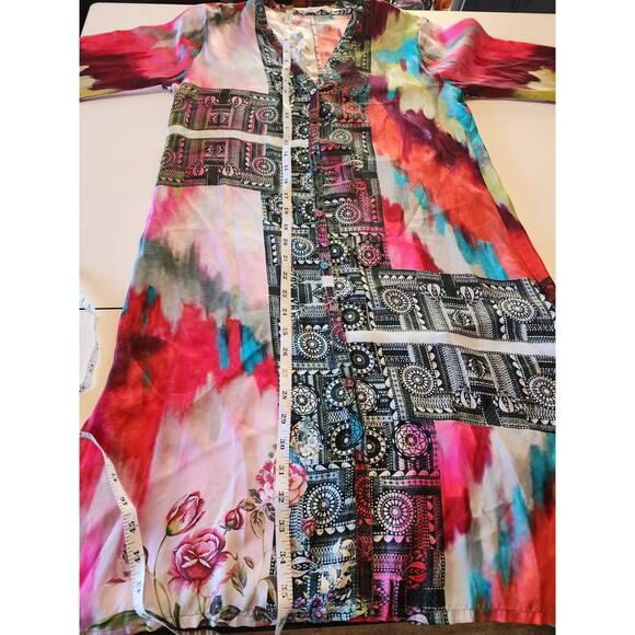 Johnny Was Multicolored Buttoned Silk Tunic size XS Oversized Patchwork Design - Picture 7 of 10